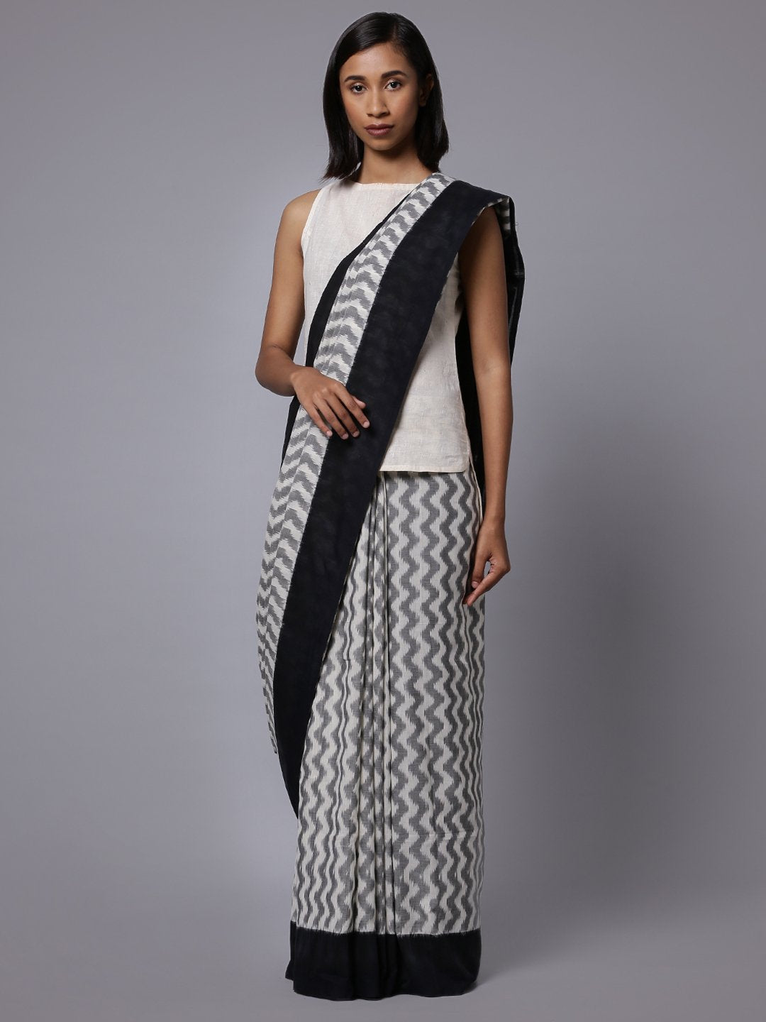 Grey white ikat handloom cotton saree