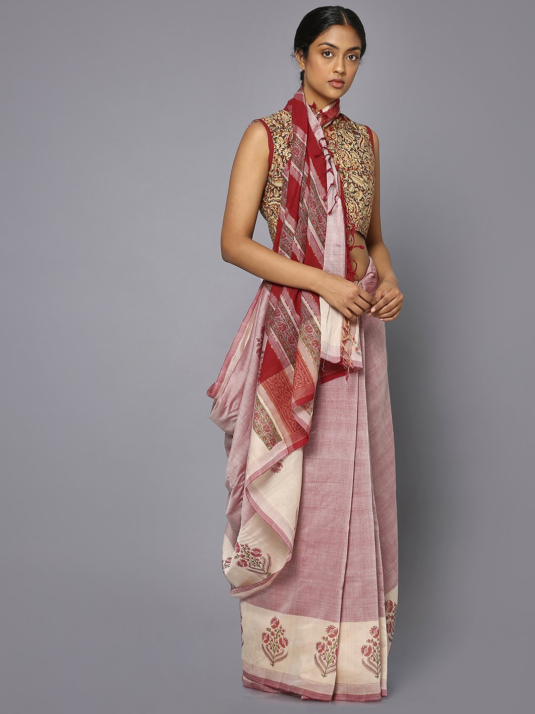 Light maroon block print cotton saree