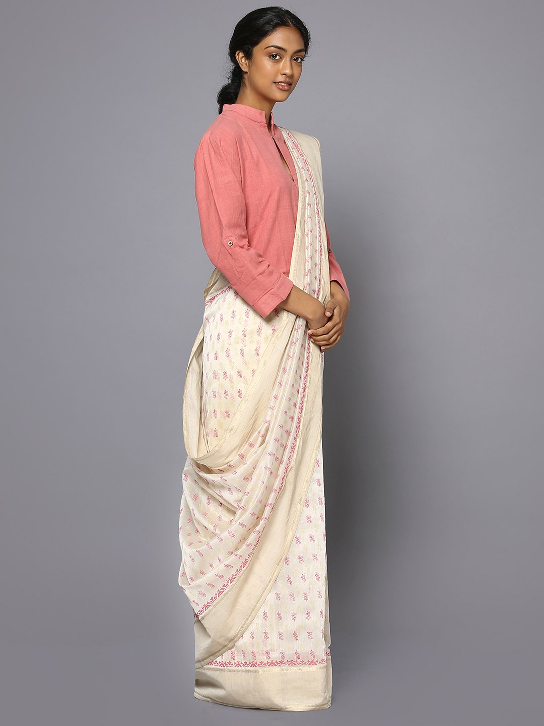 White & pink silk cotton printed maheswari saree