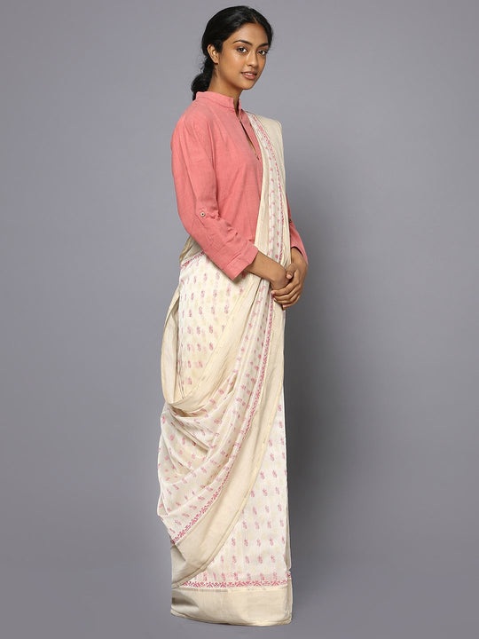 White & pink silk cotton printed maheswari saree