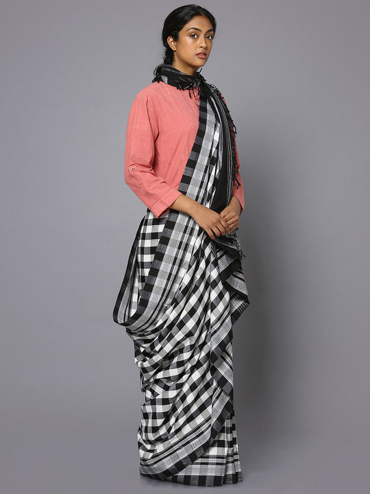 Black & white checkered ilkal cotton saree