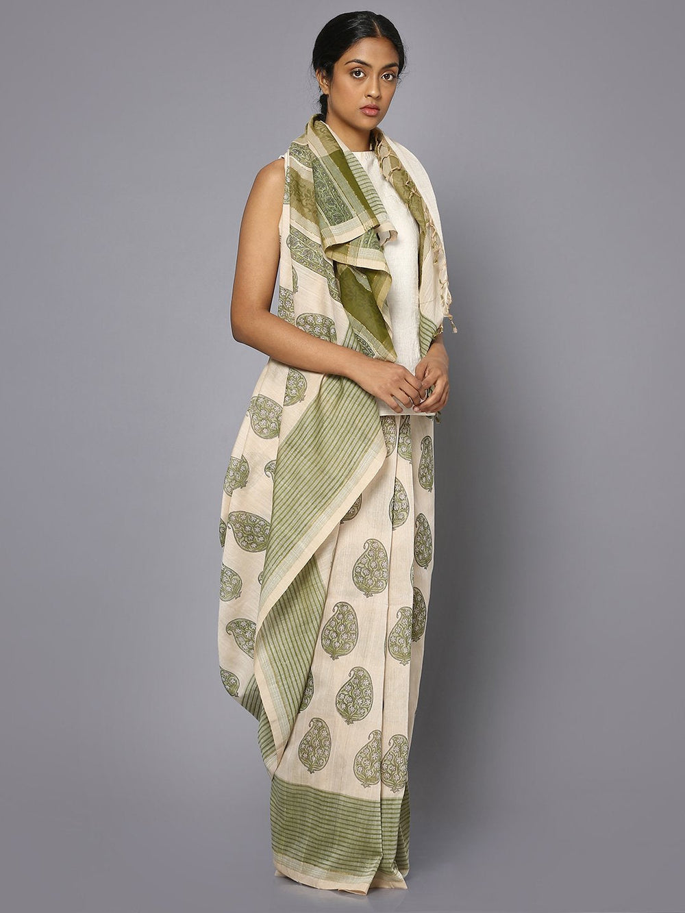 Off white & green block print cotton saree
