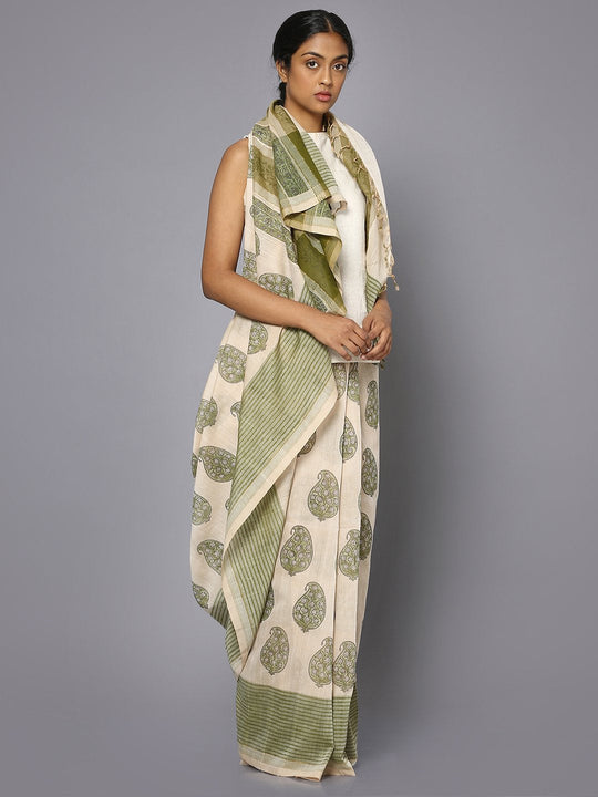 Off white & green block print cotton saree