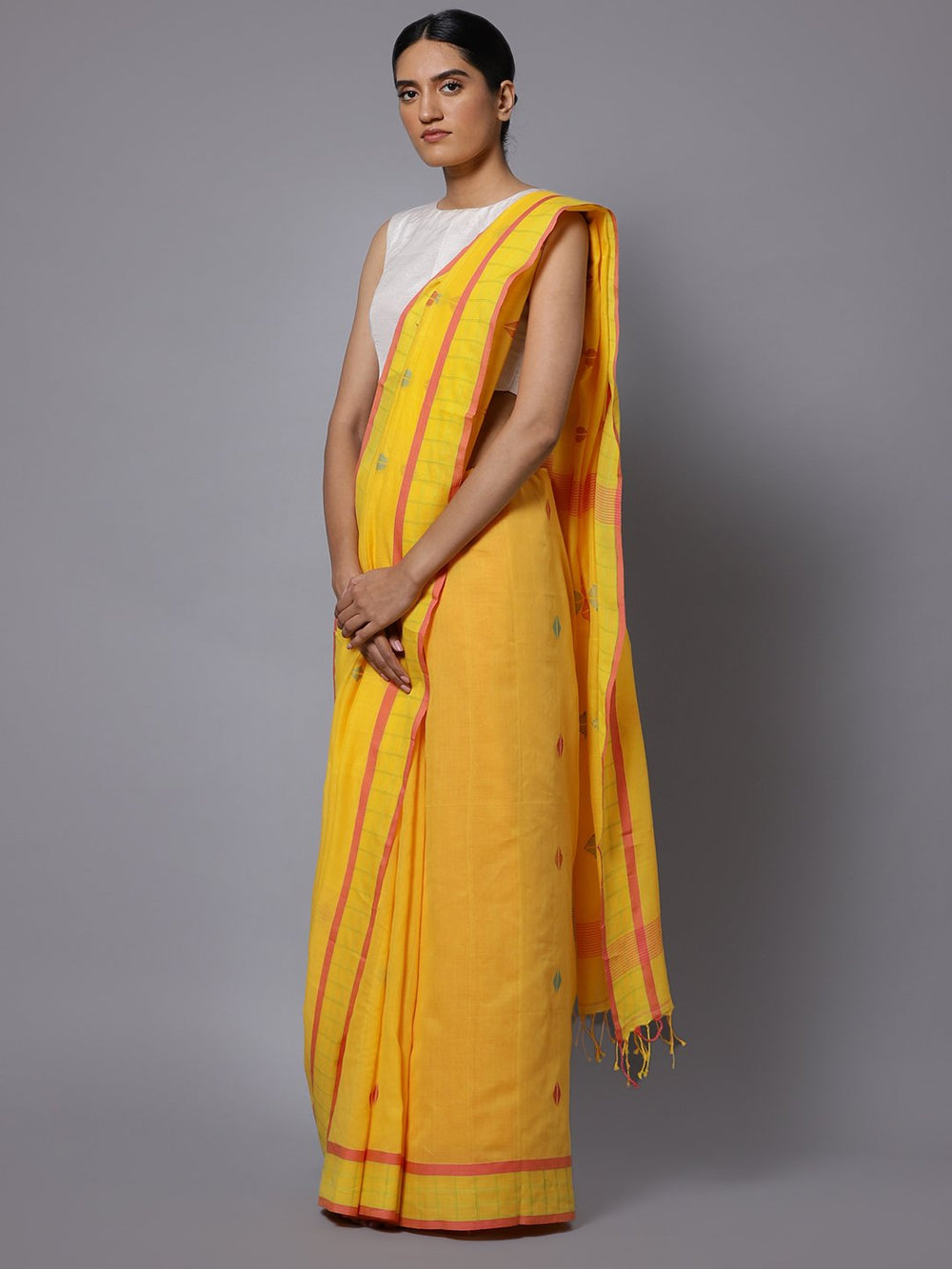 Yellow jamdani handloom phulia cotton saree
