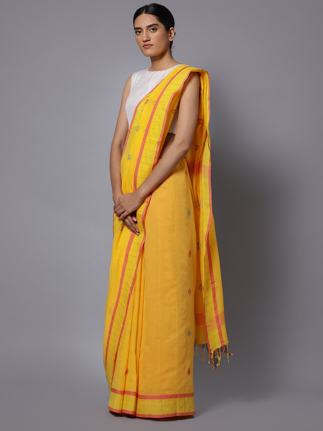 Yellow jamdani handloom phulia cotton saree