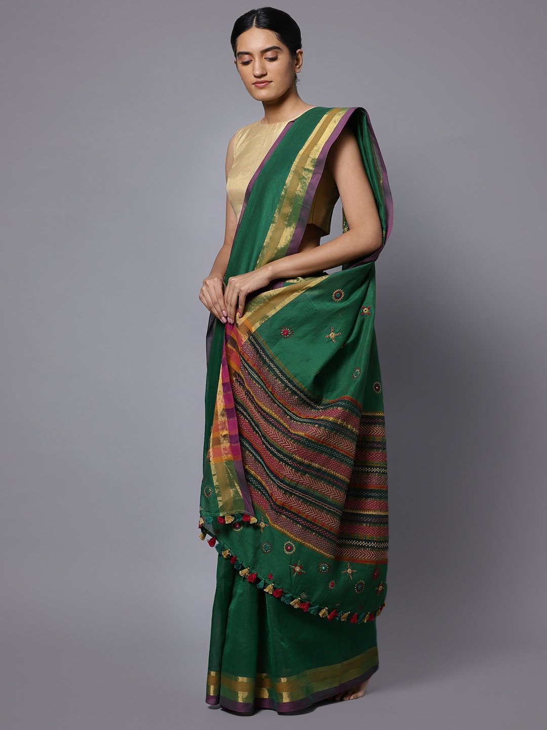 Dark green hand embroidery cotton saree