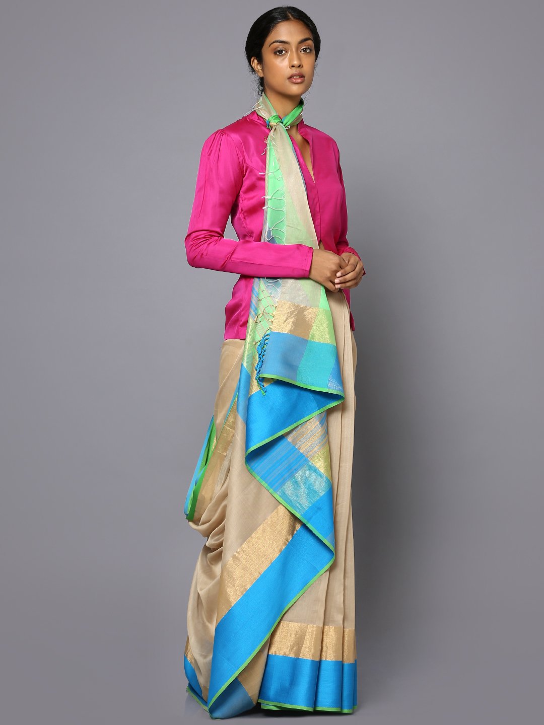 Beige & blue silk cotton maheshwari saree