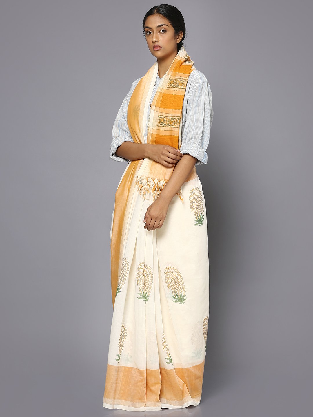 White block print cotton saree
