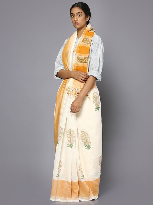 White block print cotton saree