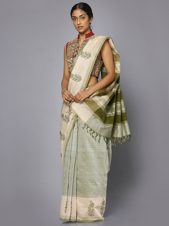 Light green block print cotton saree