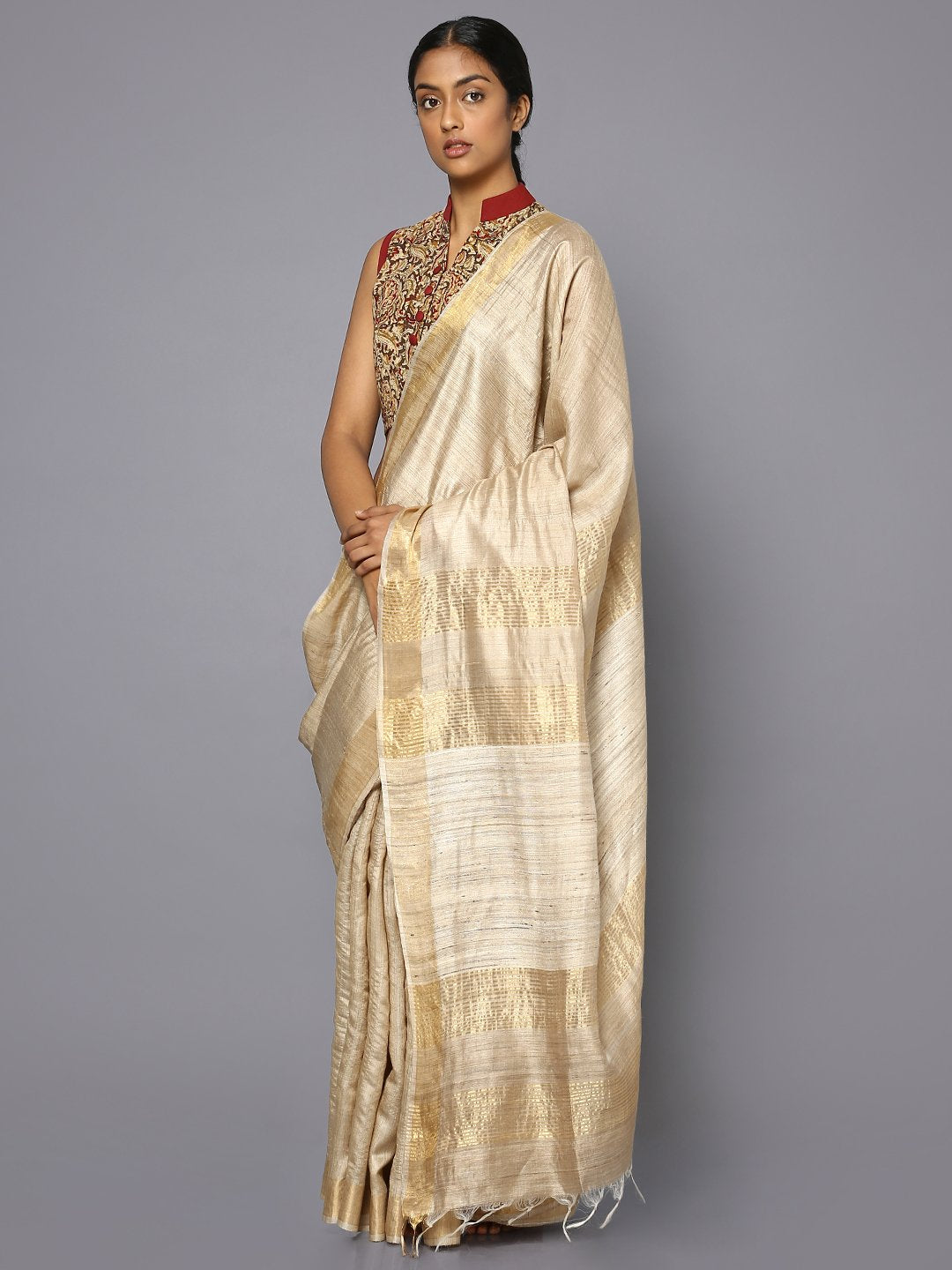 Beige tussar silk saree
