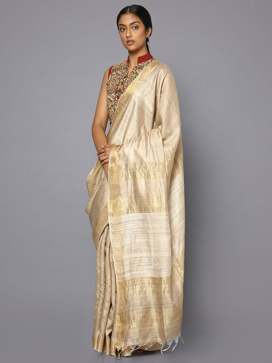 Beige tussar silk saree