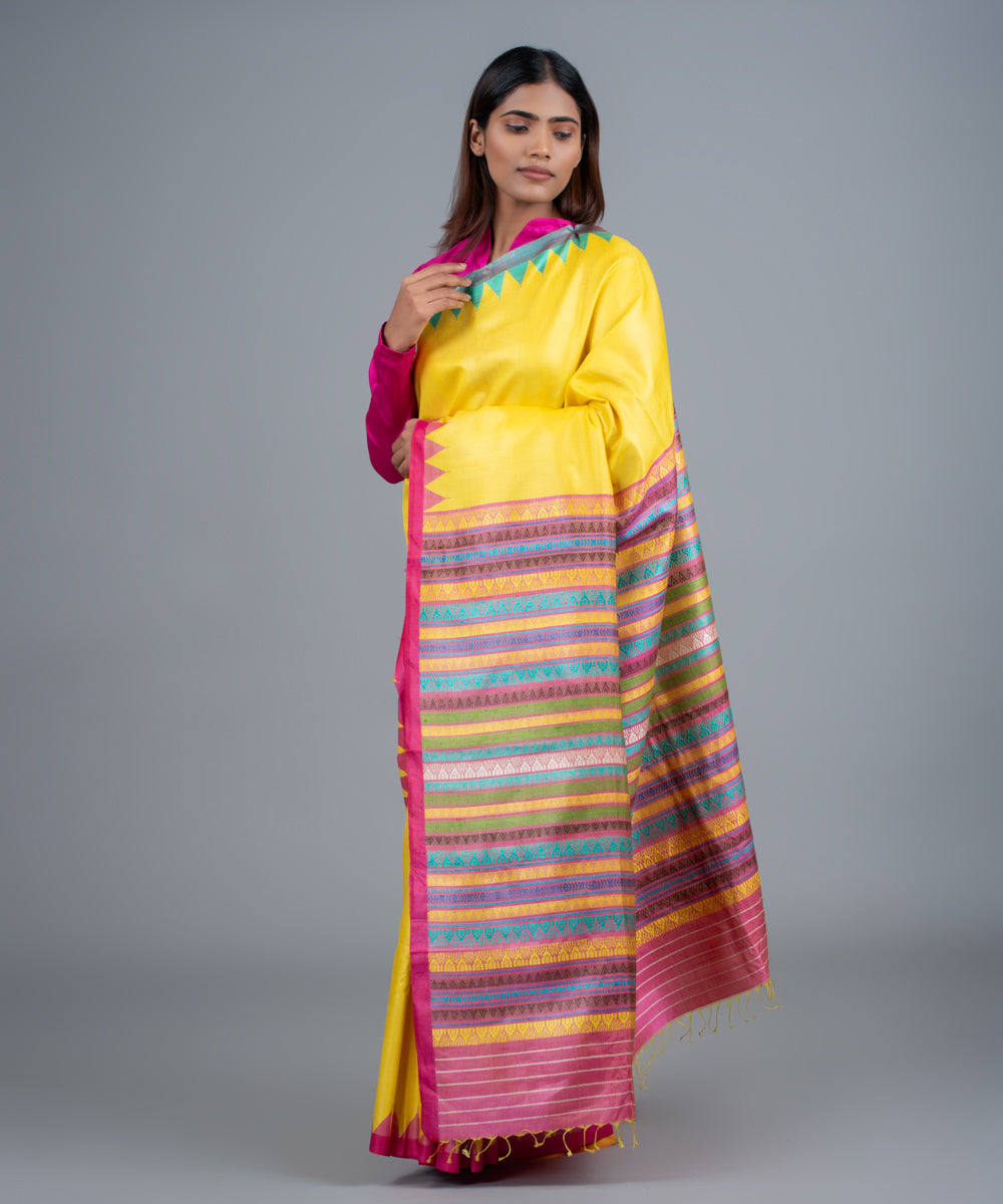 Yellow pink handwoven gopalpur jala border tussar saree