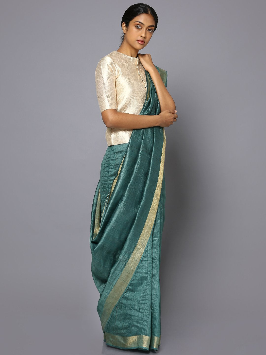 Dark turquoise tussar silk saree