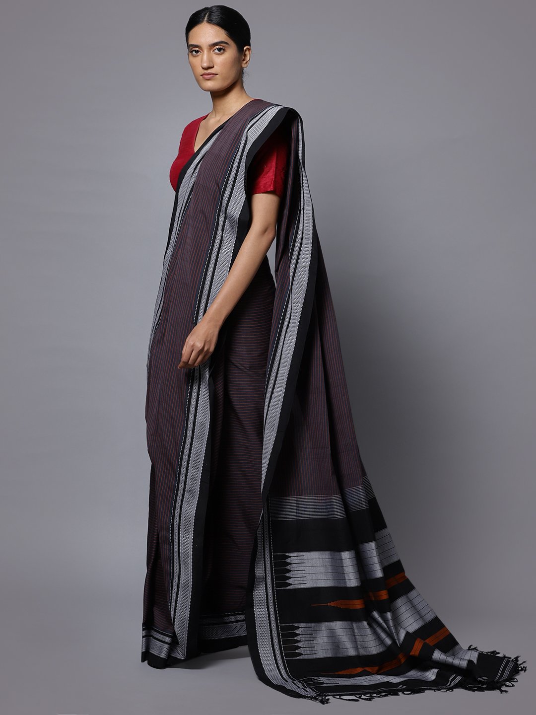 Rust brown stripe ilkal handloom saree