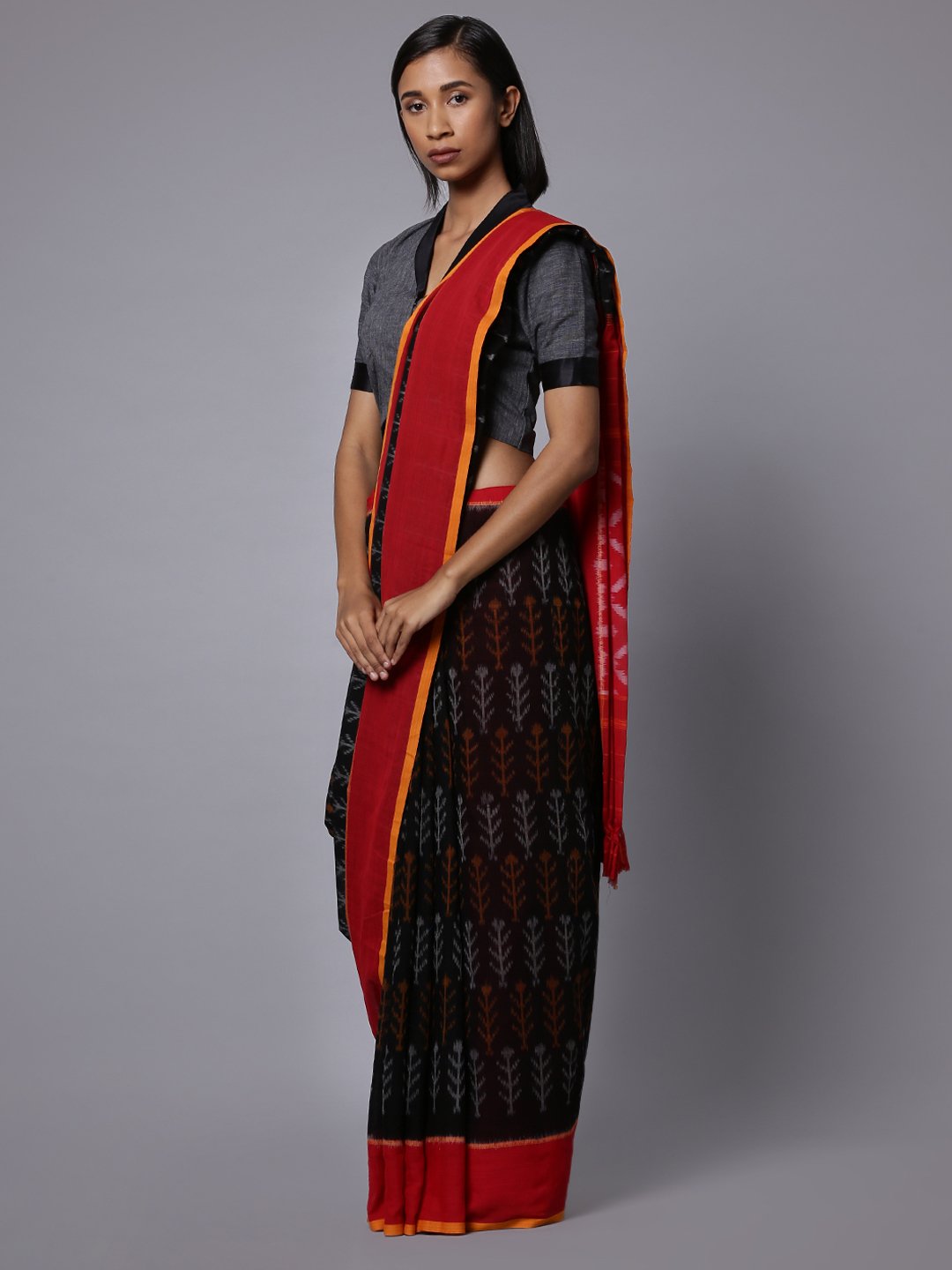 Ikat black handloom cotton saree