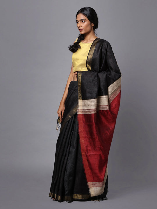 Black handloom tussar silk saree