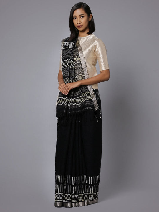 Black handblock print linen saree
