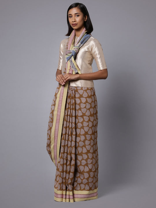 Handblock printed handwoven cotton saree