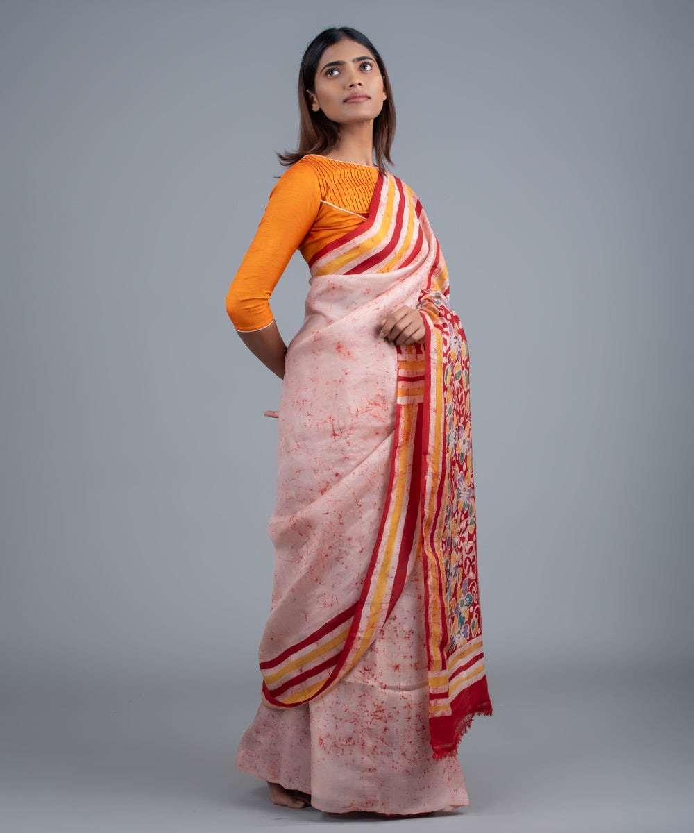 Pink red mulberry silk hand painted batik saree