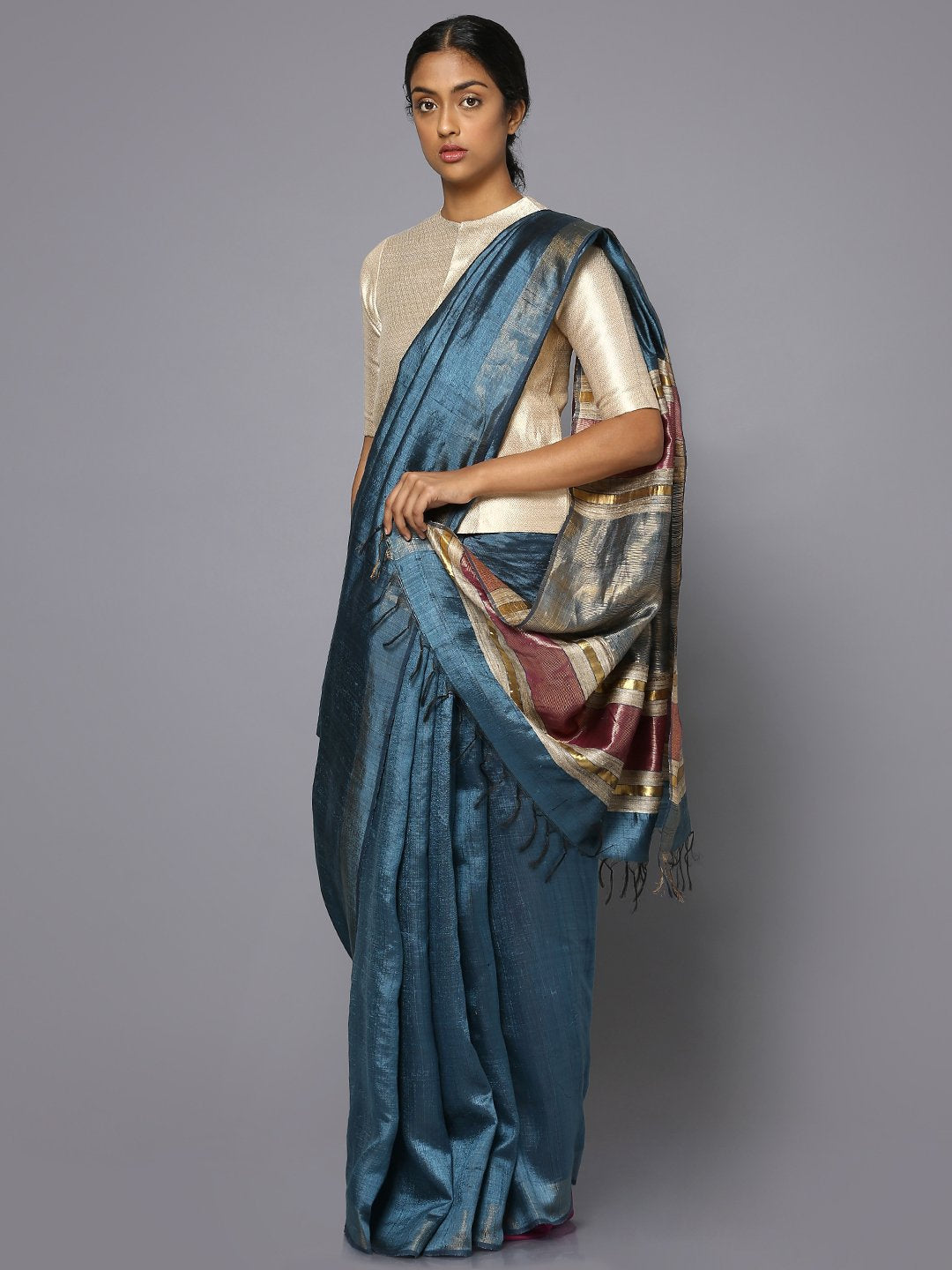 Ocean blue tussar silk saree