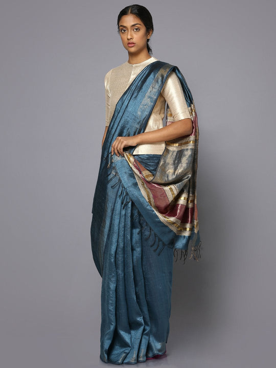 Ocean blue tussar silk saree