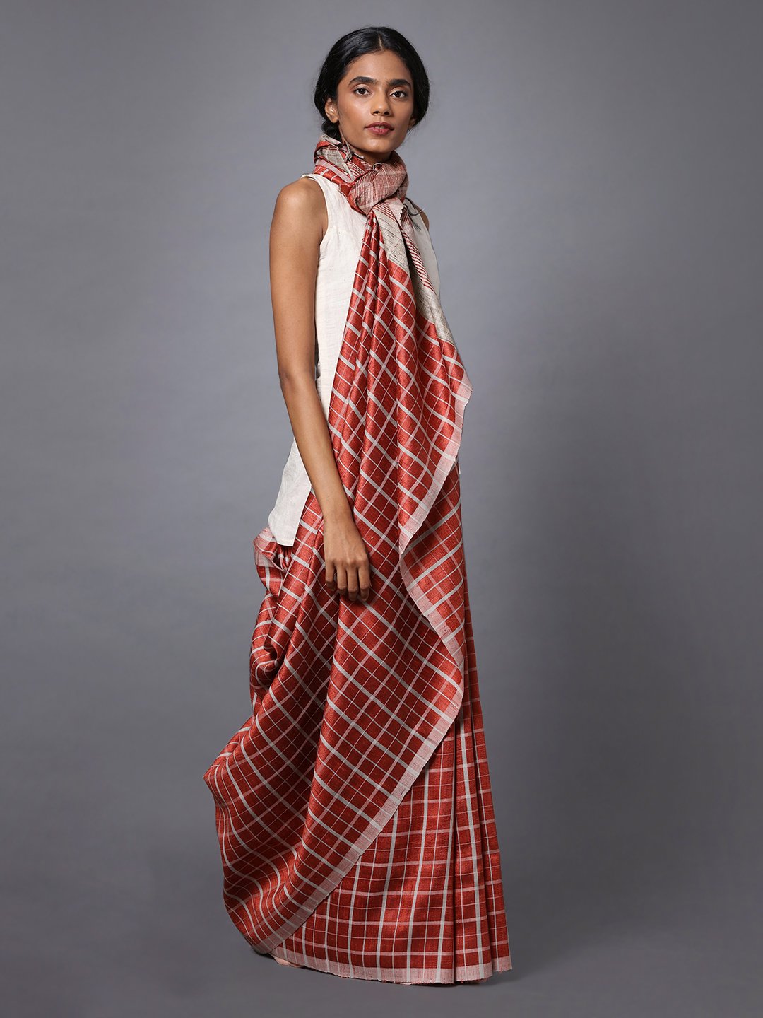 Rust brown checks handloom tussar silk saree
