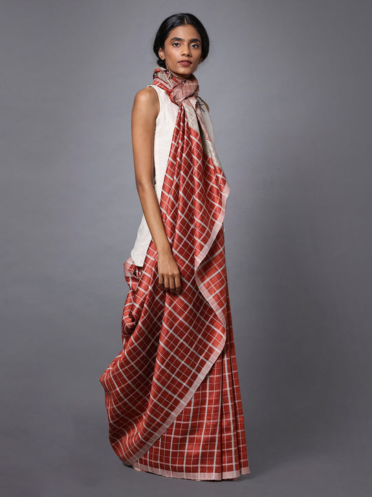 Rust brown checks handloom tussar silk saree