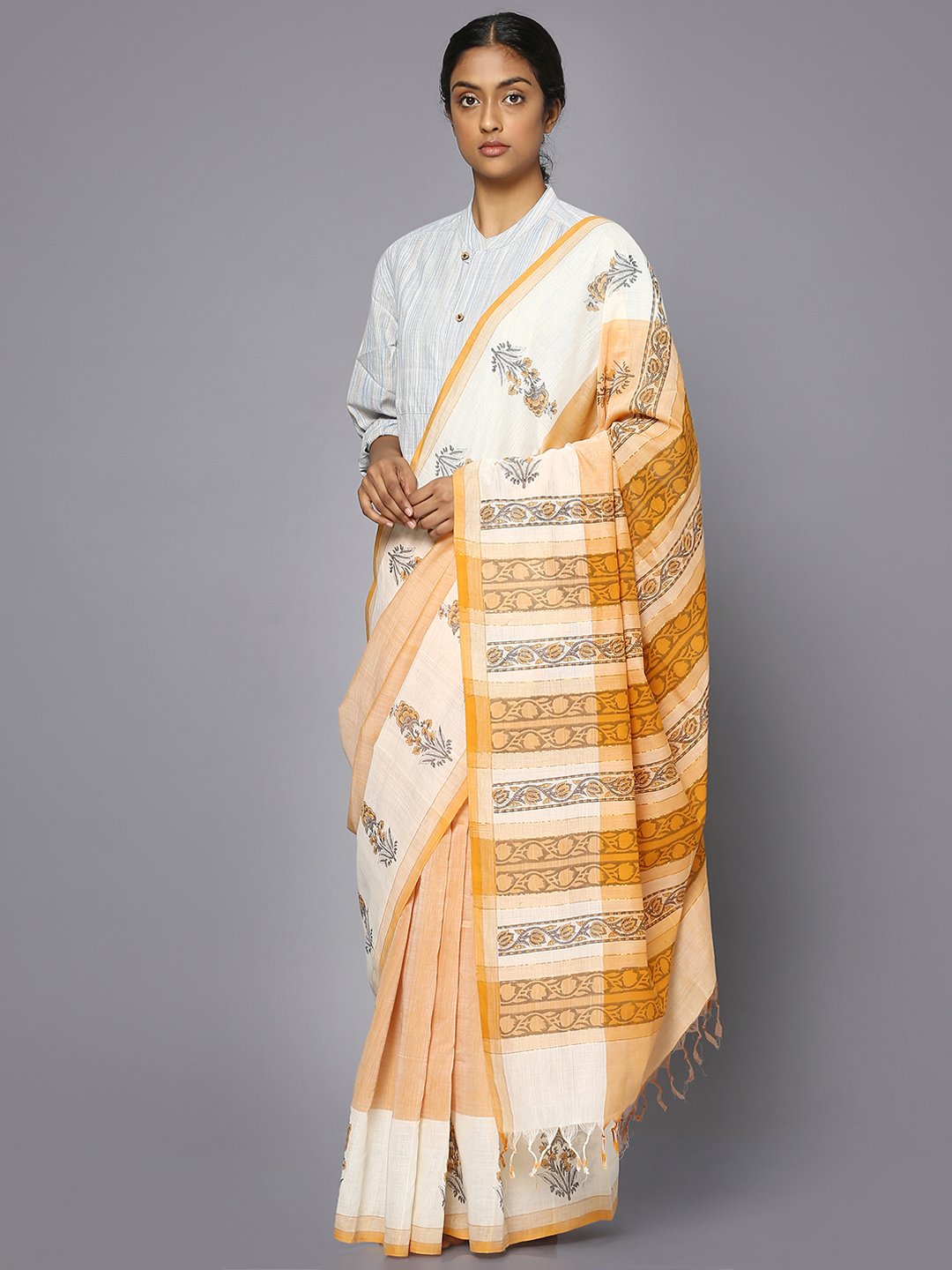 Light orange block print cotton saree