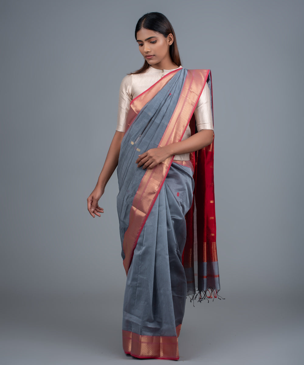 Grey red handwoven maheshwari cotton silk saree