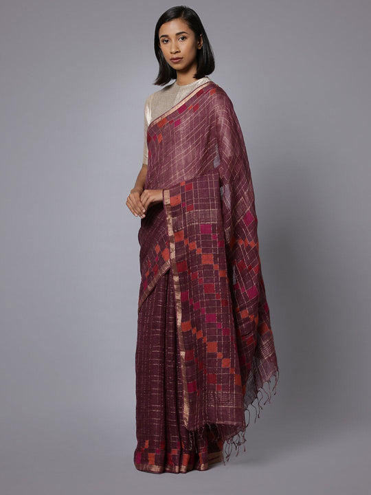Mauve jamdani linen bengal handloom saree