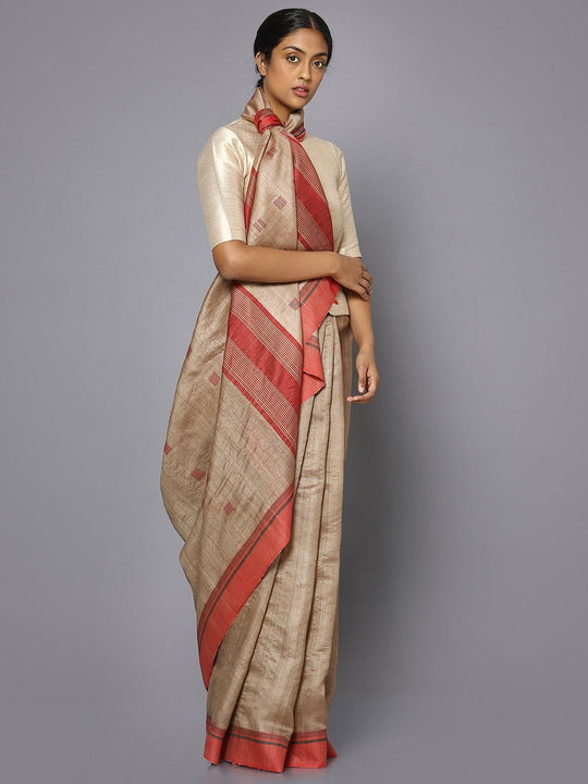 Beige & red tussar silk saree