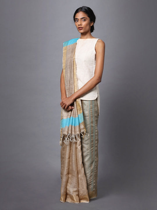 Handloom light brown tussar silk saree