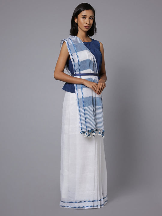 White handloom cotton linen saree