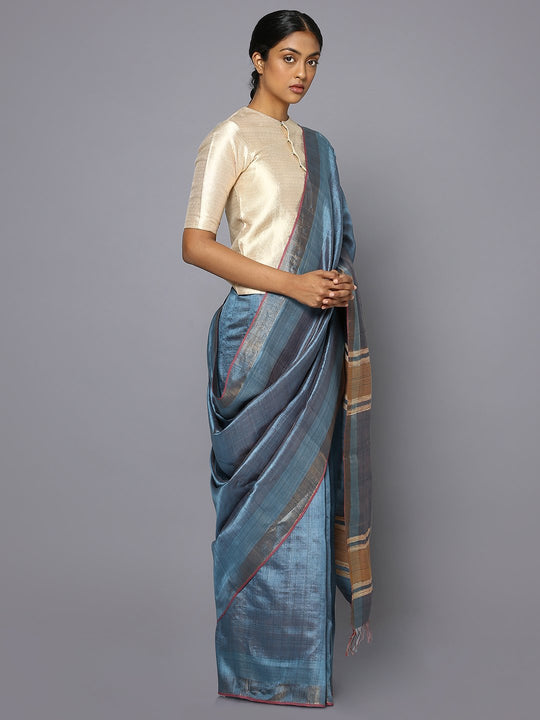 Blue grey tussar silk saree