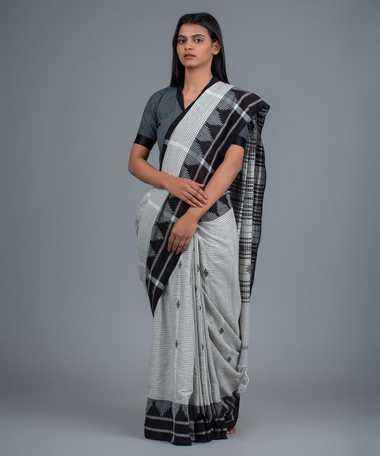 White black handwoven diamond motifs cotton kotpad saree