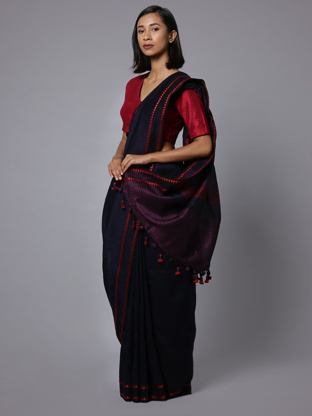 Navy blue cotton linen handloom saree