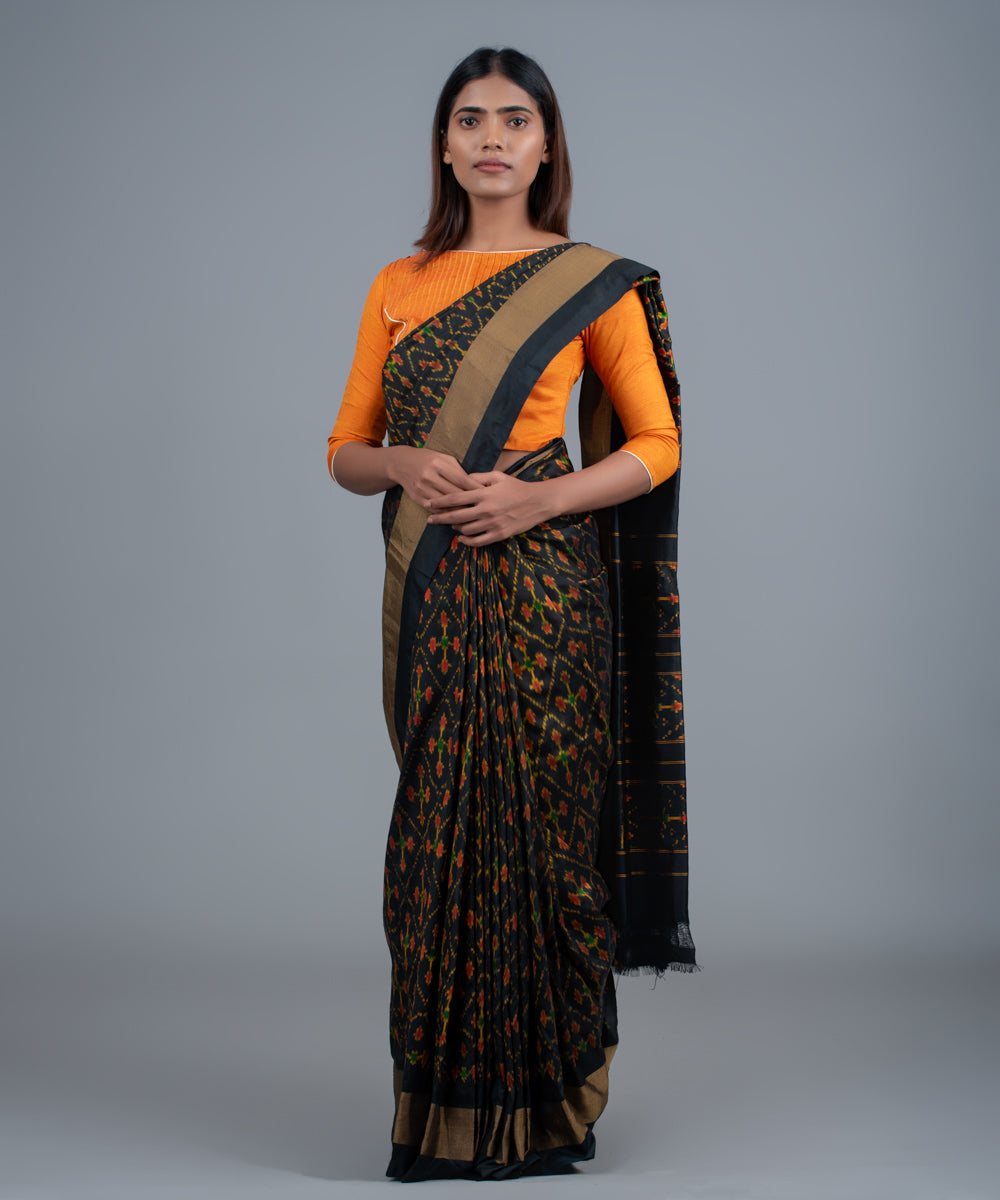 Black handwoven pochampally ikat saree