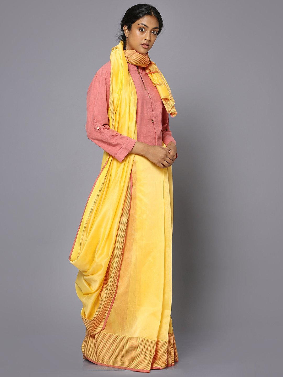 Yellow silk cotton maheshwari saree