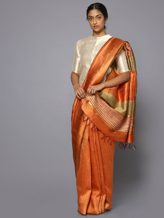 Plain orange tussar silk saree