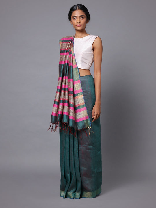 Green grey handloom tussar silk saree