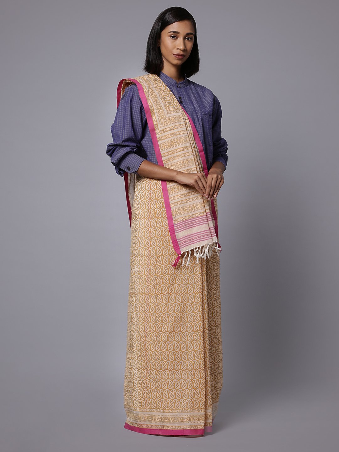 Cream brown handblock printed cotton saree