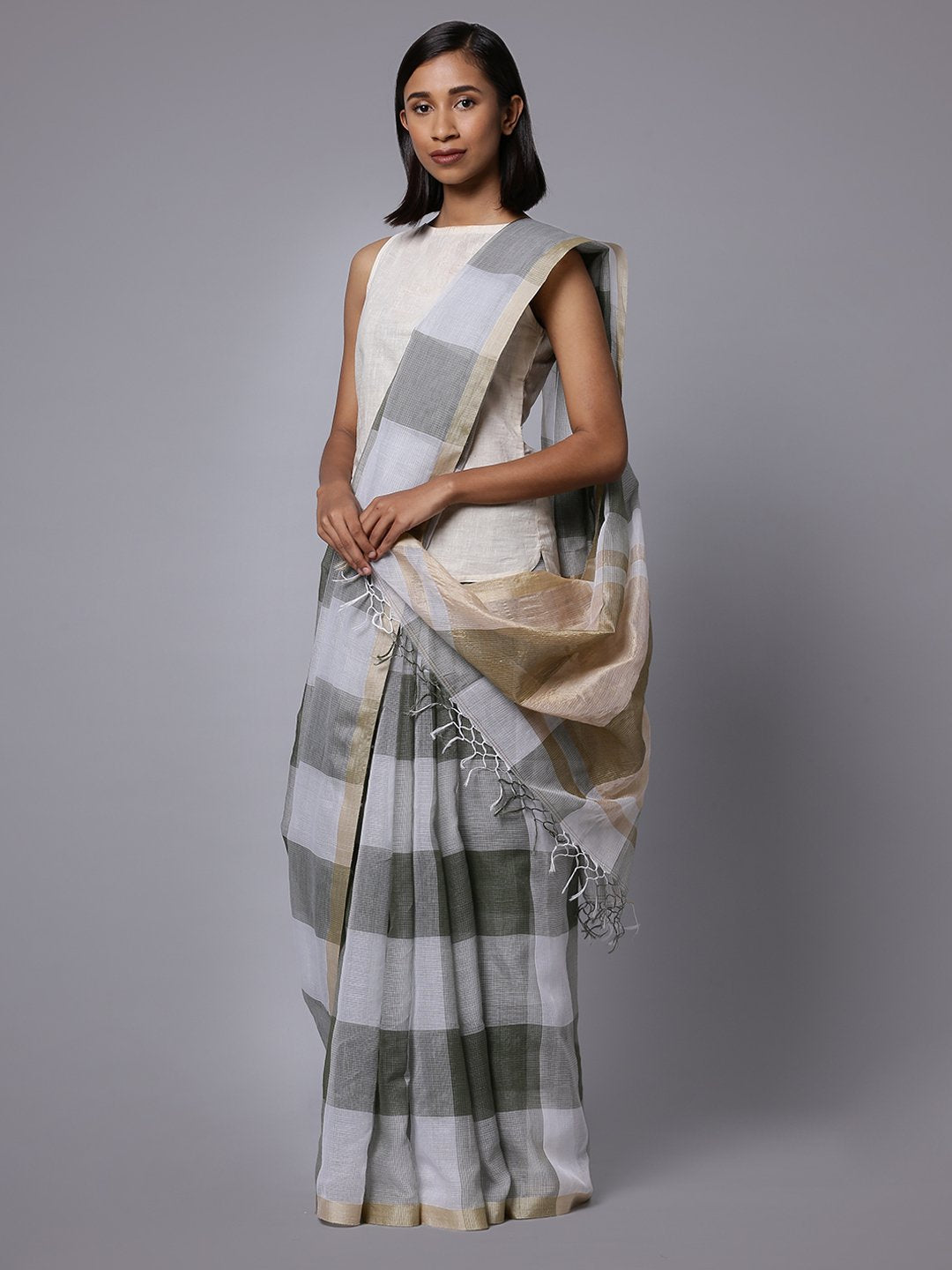 Grey white checks handloom cotton silk saree