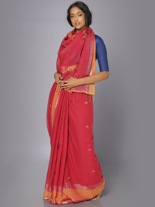 Red muslin jamdani saree