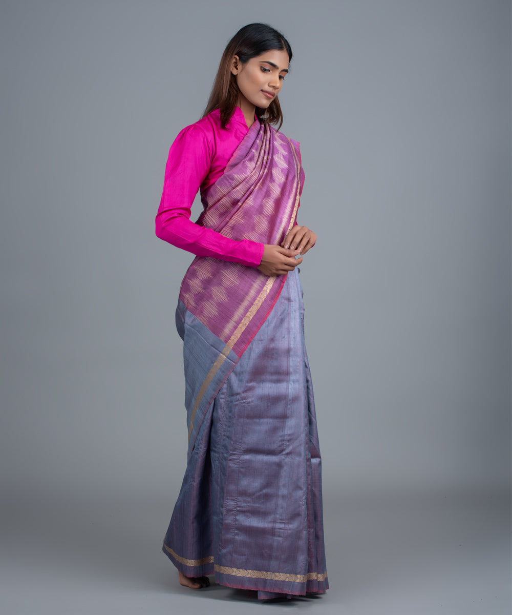 Grey mauve handwoven ikat gopalpur tussar silk saree