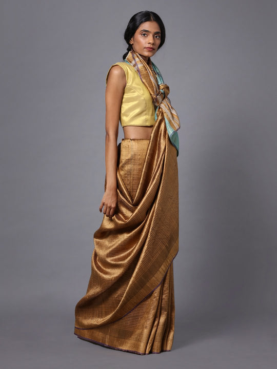 Golden brown handloom tussar silk saree
