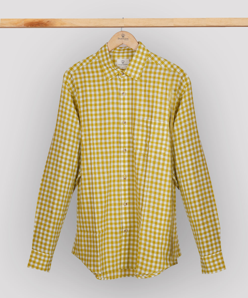 Yellow white checks regular collar cotton shirt
