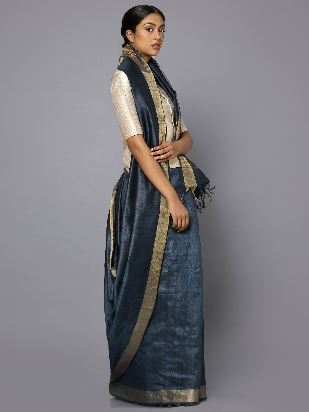 Blue tussar silk saree