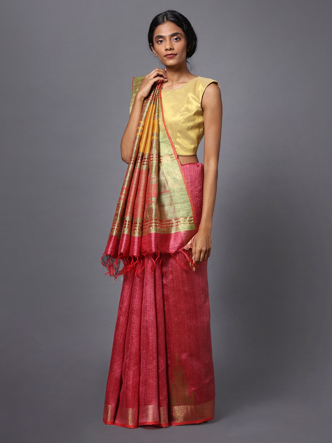 Pink and beige handloom tussar silk saree