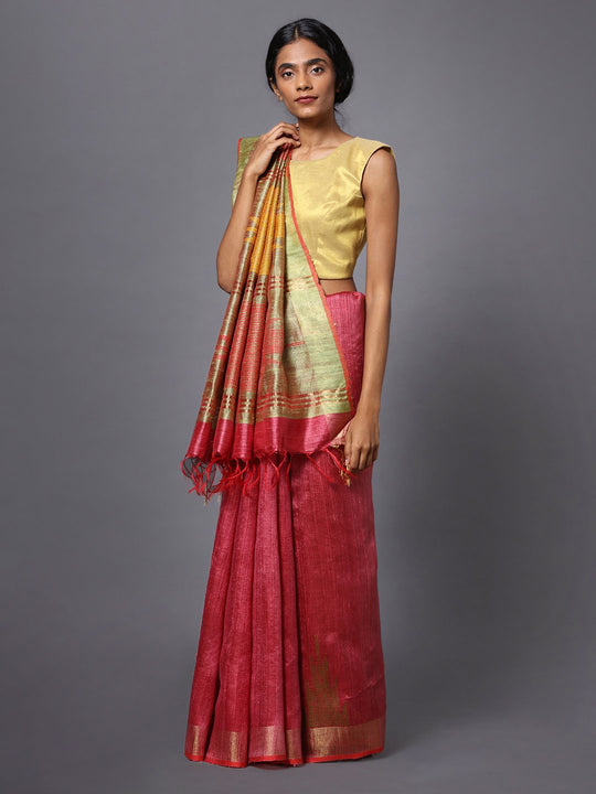 Pink and beige handloom tussar silk saree